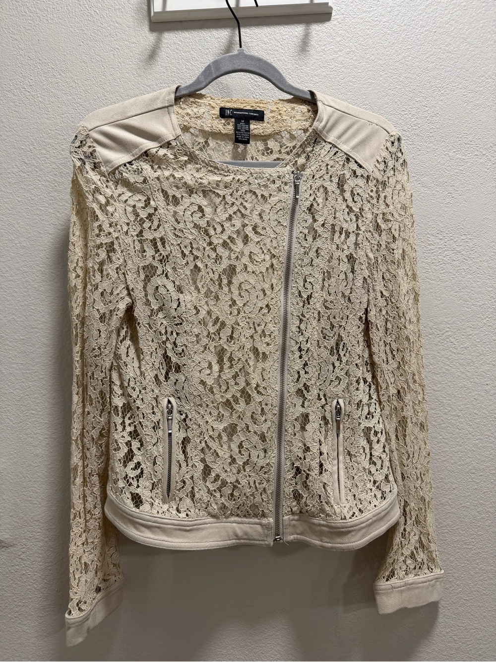 INC International Concepts Cream Lace Moto Jacket